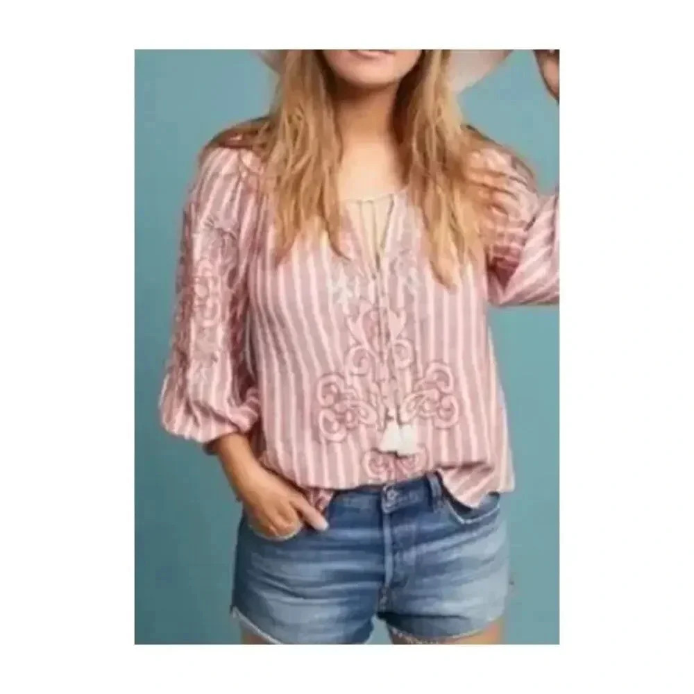Anthropologie Akemi + Kim Striped Embroidered Tassel Boho Blouse Size Medium